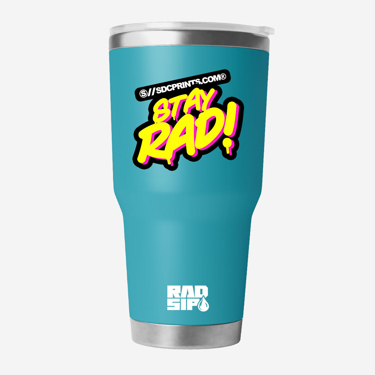 Mint Green tumbler with 'Stay Rad!' text on a white background